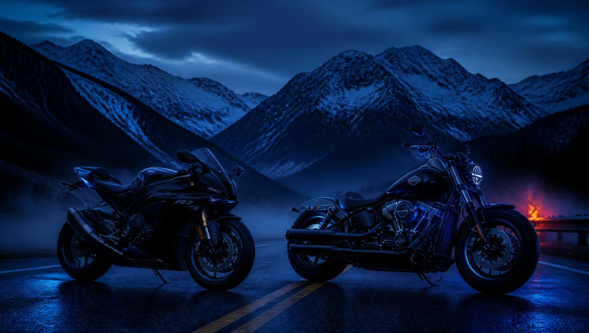 A sport motorcycle and a cruiser parked on a Colorado mountain road at blue hour